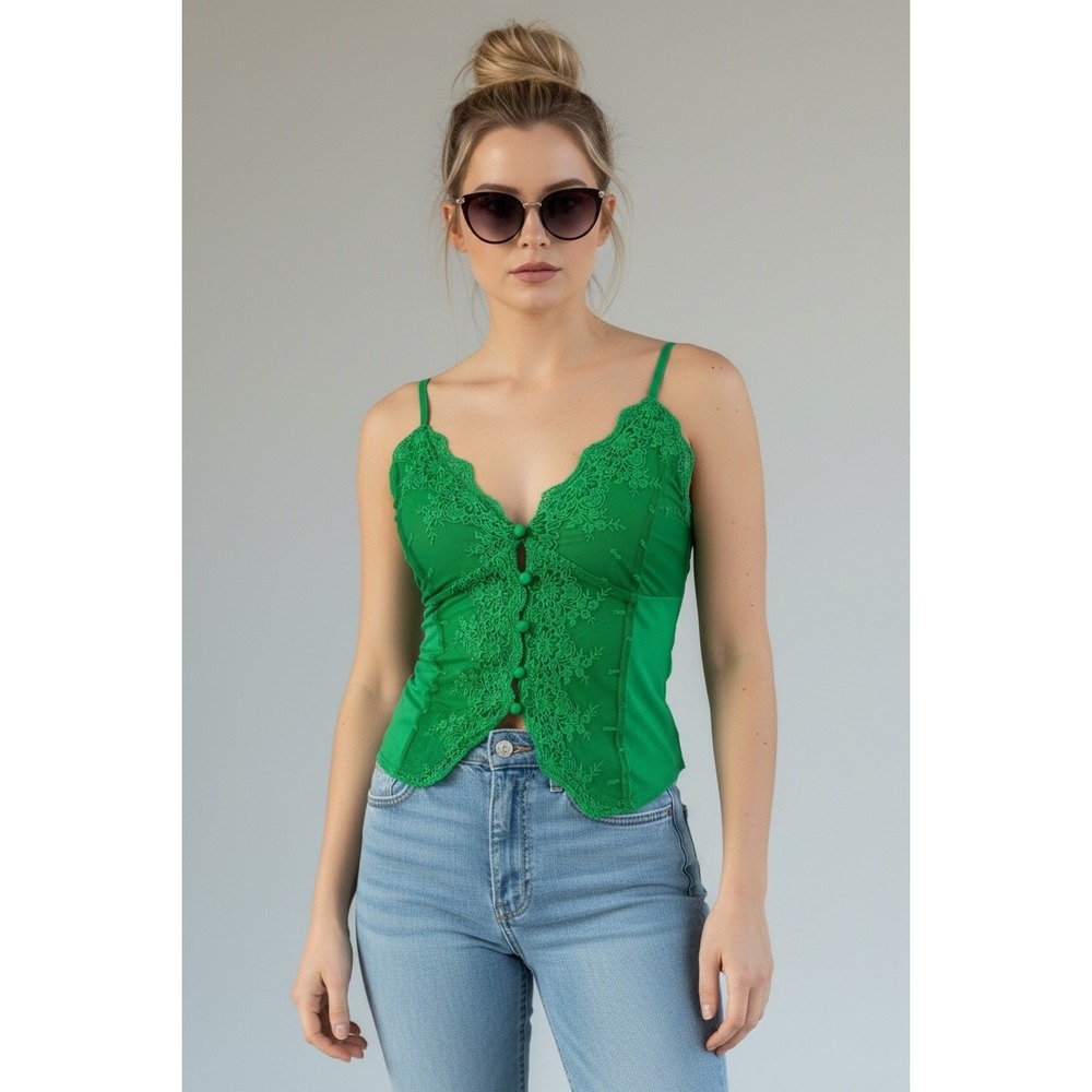 NEW Green Size Small Lace Trim Button Front Camisole Corset Top